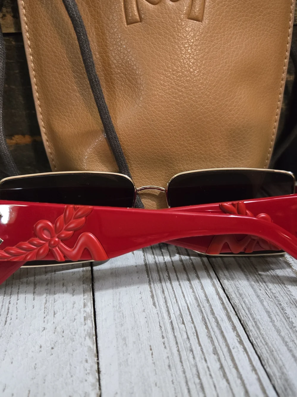 MCM MW0012 32E Red Gold Rectangle Sunglasses + Crossbody Case